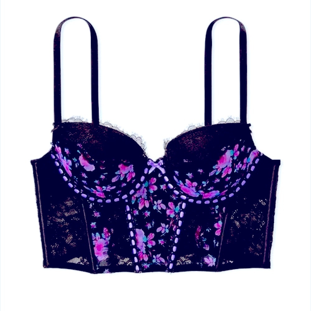 Victoria’s Secret Dream Angels ribbon slot black purple floral corset bra
